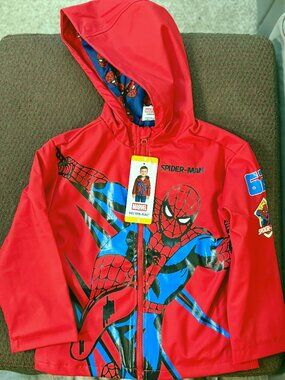 Marvel Spiderman Boys Rain Jacket Size 5 & 6 Hooded Waterproof Coat NWT